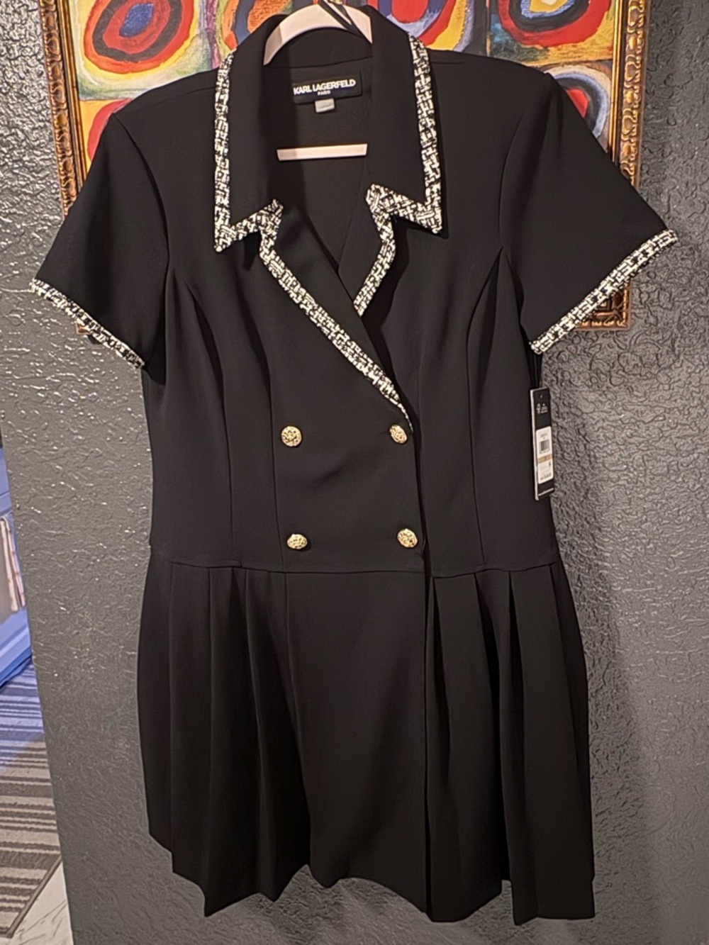 Karl Lagerfeld Black Short-Sleeve Double-Breasted Dress with Tweed Trim